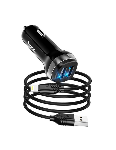 HOCO chargeur de voiture 2 x USB A + câble USB A vers Lightning 2,4A Z40 noir