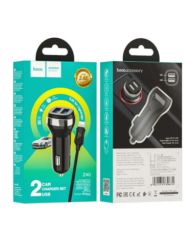 HOCO chargeur de voiture 2 x USB A + câble USB A vers Lightning 2,4A Z40 noir