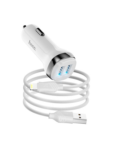 HOCO chargeur de voiture 2 x USB A + câble USB A vers Lightning 2,4A Z40 blanc