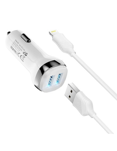 HOCO chargeur de voiture 2 x USB A + câble USB A vers Lightning 2,4A Z40 blanc