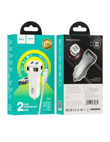 HOCO chargeur de voiture 2 x USB A + câble USB A vers Lightning 2,4A Z40 blanc