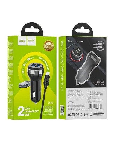 HOCO chargeur de voiture 2 x USB A + câble USB A vers Micro USB 2.4A Z40 noir