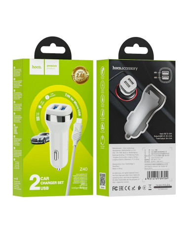 HOCO chargeur de voiture 2 x USB A + câble USB A vers Micro USB 2.4A Z40 blanc