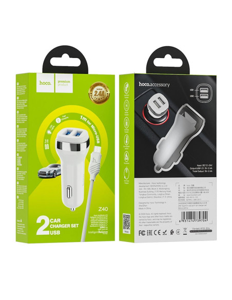 HOCO chargeur de voiture 2 x USB A + câble USB A vers Micro USB 2.4A Z40 blanc