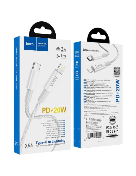 HOCO cable Type C pour iPhone Lightning 8-pin Power Delivery Fast Charge PD20W X56 blanc