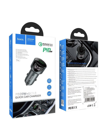 HOCO Chargeur voiture USB QC 3.0 + PD20W LED Road Light Z42 GRIS