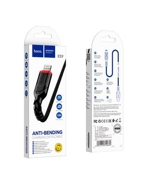 Câble USB HOCO pour iPhone Lightning 8-pin 2.4A VICTORY X59 1 me noir
