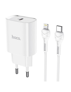 HOCO chargeur secteur Type C PD 20W Fast Charge Smart Charging avec cable pour iPhone Lightning 8-pin N14 blanc