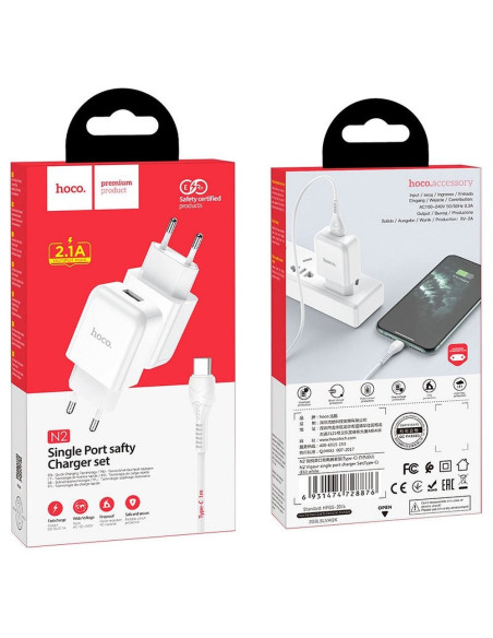 HOCO chargeur secteur USB + cable Type C 2.1A N2 Vigour blanc