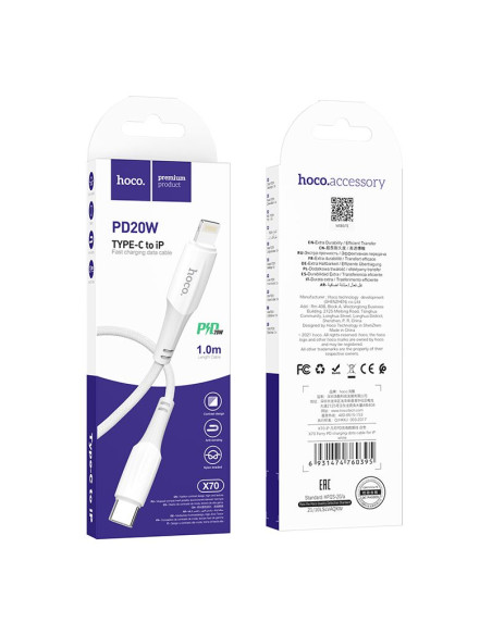 Câble HOCO Type C pour iPhone Lightning 8 broches Power Delivery PD20W Ferry X70 1m blanc