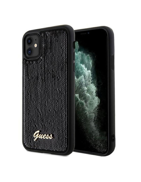 Véritable GUESS Case GUHCN61PSFDGSK pour iPhone 11 (Sequin Script Metal / Black)