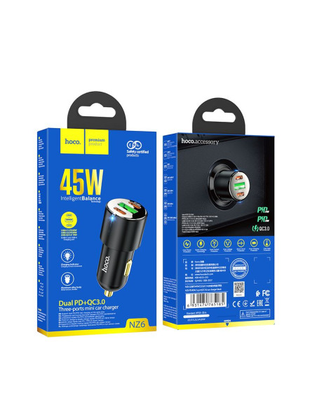 HOCO chargeur de voiture USB A + 2 x Type C PD QC3.0 3A 45W NZ6 noir