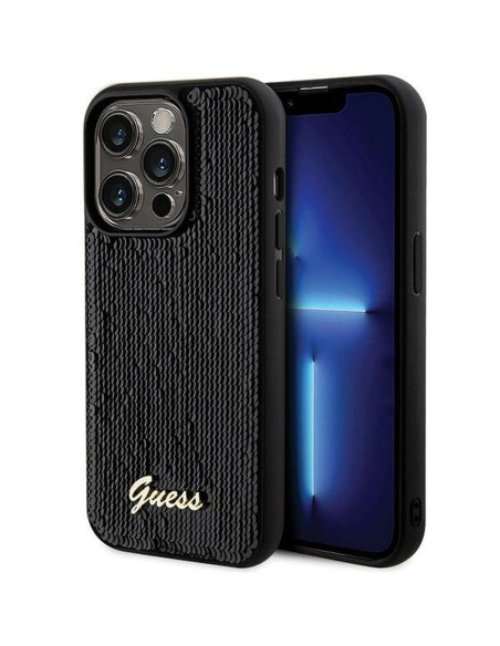 Véritable GUESS Case GUHCP13XPSFDGSK pour iPhone 13 Pro Max (Sequin Script Metal / Black)