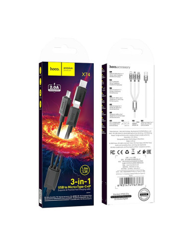 HOCO cable 3in1 USB A to Lightning / Micro USB / Type C 2A X76 1 m black