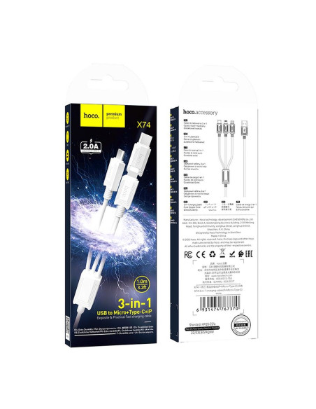 HOCO cable 3in1 USB A to Lightning / Micro USB / Type C 2A X76 1 m white