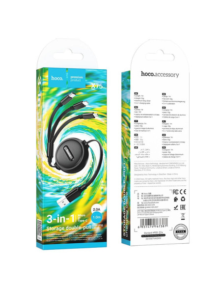 HOCO Câble 3-en-1 USB A vers Lightning / Micro USB / Type C 2A X75 1 m noir