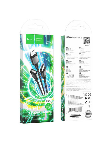 HOCO 3in1 Câble USB A vers Lightning / Micro USB / Type C 2A X76 1m noir