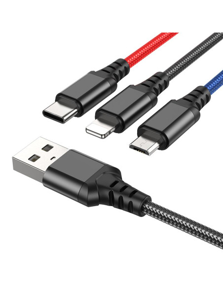 HOCO Câble 3-en-1 USB A vers Lightning / Micro USB / Type C 2A X76 1 m noir / rouge / bleu