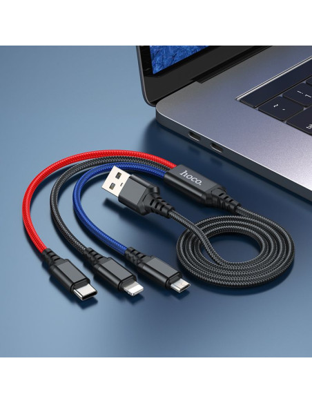 HOCO Câble 3-en-1 USB A vers Lightning / Micro USB / Type C 2A X76 1 m noir / rouge / bleu