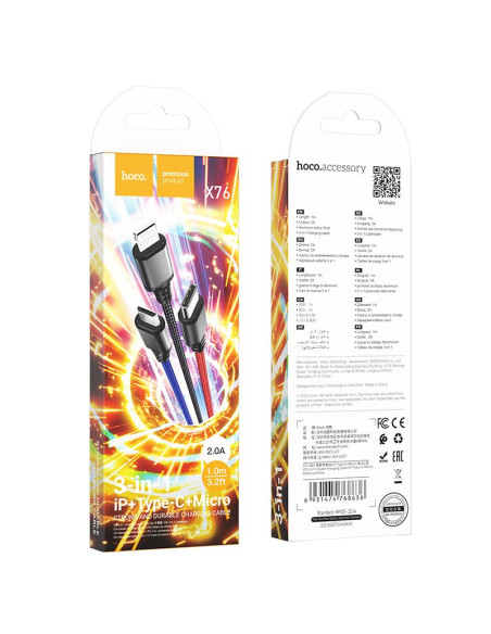 HOCO Câble 3-en-1 USB A vers Lightning / Micro USB / Type C 2A X76 1 m noir / rouge / bleu