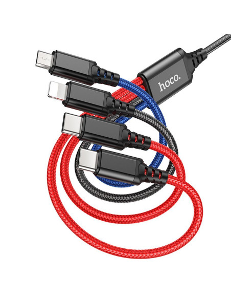 HOCO Câble USB 4-en-1 pour iPhone Lightning 8 broches + Micro + 2x Type C X76 noir/rouge/bleu