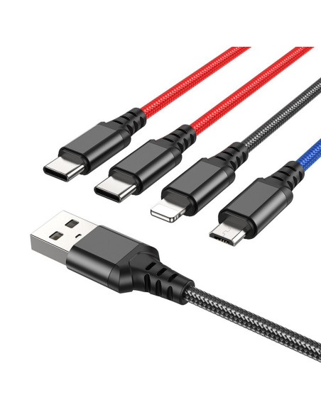 HOCO Câble USB 4-en-1 pour iPhone Lightning 8 broches + Micro + 2x Type C X76 noir/rouge/bleu