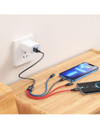 HOCO Câble USB 4-en-1 pour iPhone Lightning 8 broches + Micro + 2x Type C X76 noir/rouge/bleu