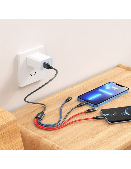 HOCO Câble USB 4-en-1 pour iPhone Lightning 8 broches + Micro + 2x Type C X76 noir/rouge/bleu