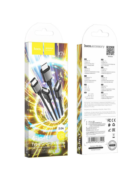HOCO Câble USB 4-en-1 pour iPhone Lightning 8 broches + Micro + 2x Type C X76 noir/rouge/bleu