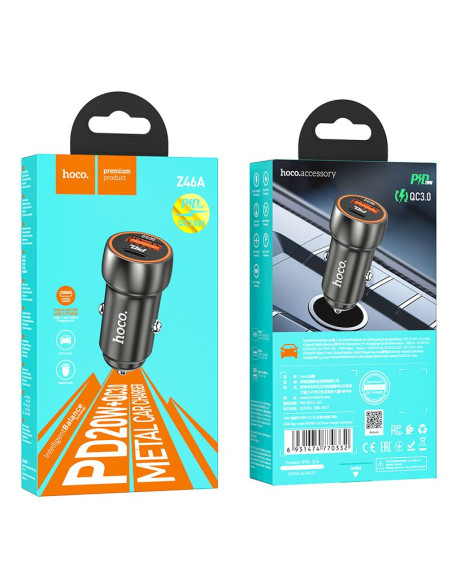 HOCO chargeur de voiture USB A + Type C PD QC3.0 3A 20W Z46A gris