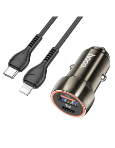 HOCO chargeur de voiture USB A + Type C + câble Type C vers Lightning PD QC3.0 3A 20W Z46A gris