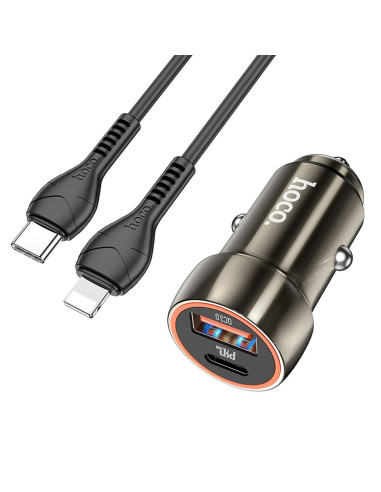 HOCO chargeur de voiture USB A + Type C + câble Type C vers Lightning PD QC3.0 3A 20W Z46A gris