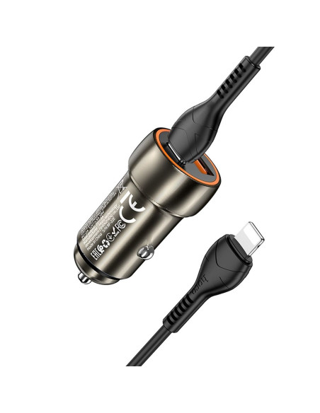 HOCO chargeur de voiture USB A + Type C + câble Type C vers Lightning PD QC3.0 3A 20W Z46A gris