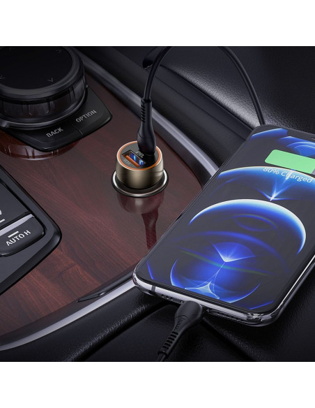 HOCO chargeur de voiture USB A + Type C + câble Type C vers Lightning PD QC3.0 3A 20W Z46A gris