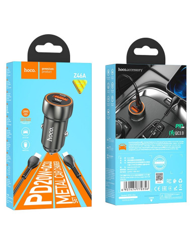 HOCO chargeur de voiture USB A + Type C + câble Type C vers Lightning PD QC3.0 3A 20W Z46A gris