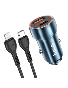HOCO chargeur de voiture USB A + Type C + câble Type C vers Lightning PD QC3.0 3A 20W Z46A bleu