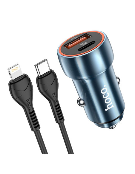 HOCO chargeur de voiture USB A + Type C + câble Type C vers Lightning PD QC3.0 3A 20W Z46A bleu