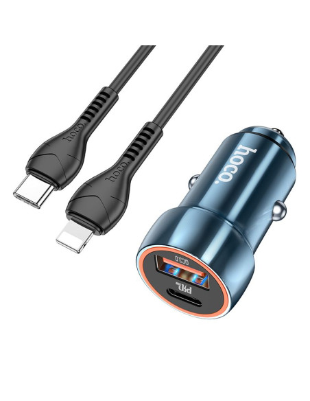 HOCO chargeur de voiture USB A + Type C + câble Type C vers Lightning PD QC3.0 3A 20W Z46A bleu