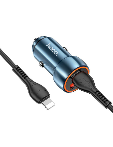 HOCO chargeur de voiture USB A + Type C + câble Type C vers Lightning PD QC3.0 3A 20W Z46A bleu