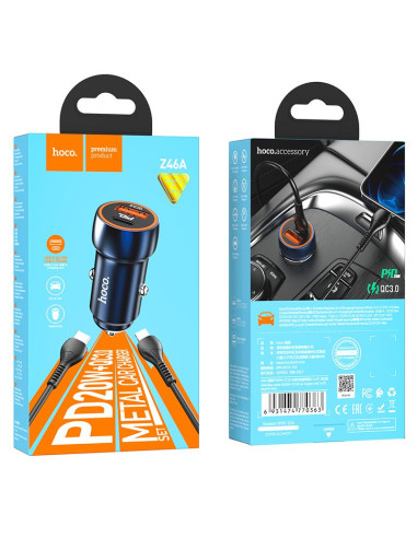 HOCO chargeur de voiture USB A + Type C + câble Type C vers Lightning PD QC3.0 3A 20W Z46A bleu