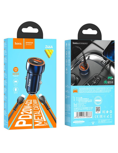HOCO chargeur de voiture USB A + Type C + câble Type C vers Lightning PD QC3.0 3A 20W Z46A bleu