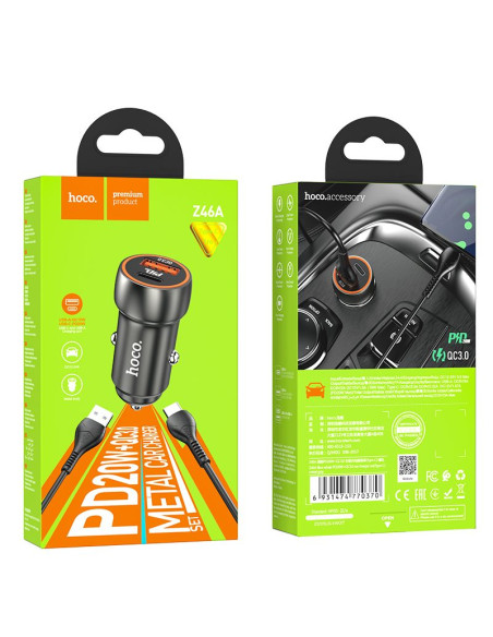 HOCO car charger USB A + Type C + cable USB A to Type C PD QC3.0 3A 20W Z46A metal gray