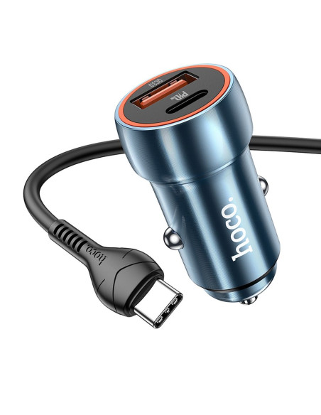 HOCO Chargeur de voiture USB A + Type C + câble USB A vers Type C PD QC3.0 3A 20W Z46A bleu