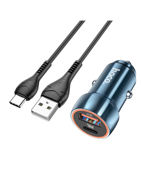 HOCO Chargeur de voiture USB A + Type C + câble USB A vers Type C PD QC3.0 3A 20W Z46A bleu