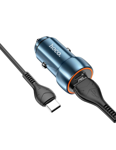 HOCO Chargeur de voiture USB A + Type C + câble USB A vers Type C PD QC3.0 3A 20W Z46A bleu