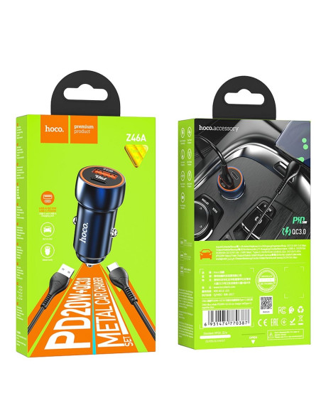 HOCO Chargeur de voiture USB A + Type C + câble USB A vers Type C PD QC3.0 3A 20W Z46A bleu
