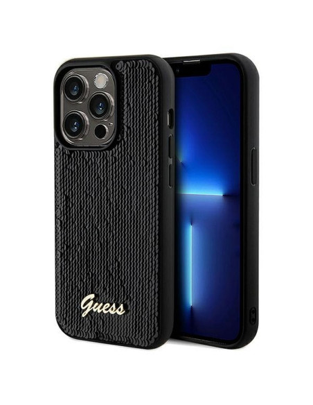 Véritable GUESS Case GUHCP14XPSFDGSK pour iPhone 14 Pro Max (Sequin Script Metal / Black)