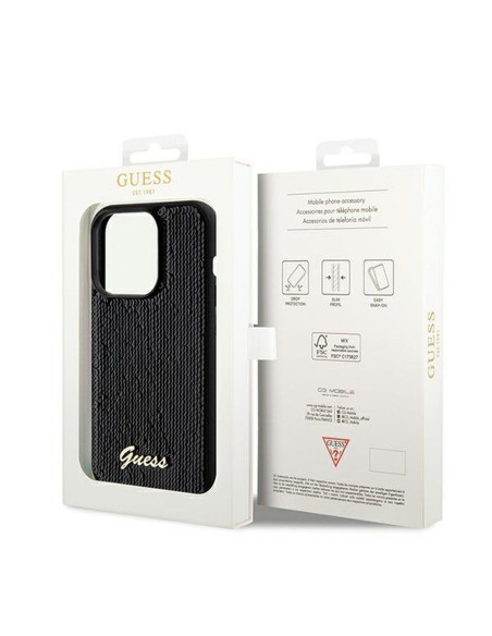 Véritable GUESS Case GUHCP14XPSFDGSK pour iPhone 14 Pro Max (Sequin Script Metal / Black)