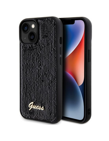 GUESS Coque pour IPHONE 13 / 14 / 15 GUHCP15SPSFDGSK (Sequin Script Metal) noir