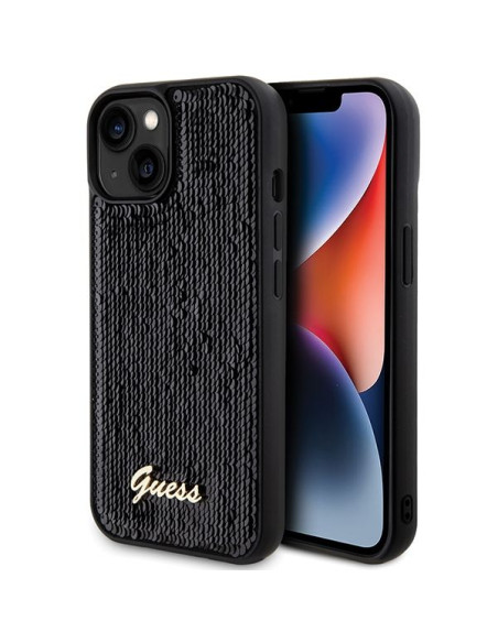 GUESS Coque pour IPHONE 13 / 14 / 15 GUHCP15SPSFDGSK (Sequin Script Metal) noir